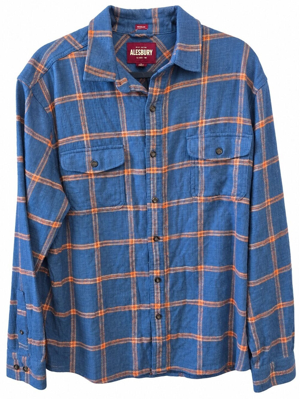 Alesbury Men's XL Blue and Orange Plaid Button-Up Shirt